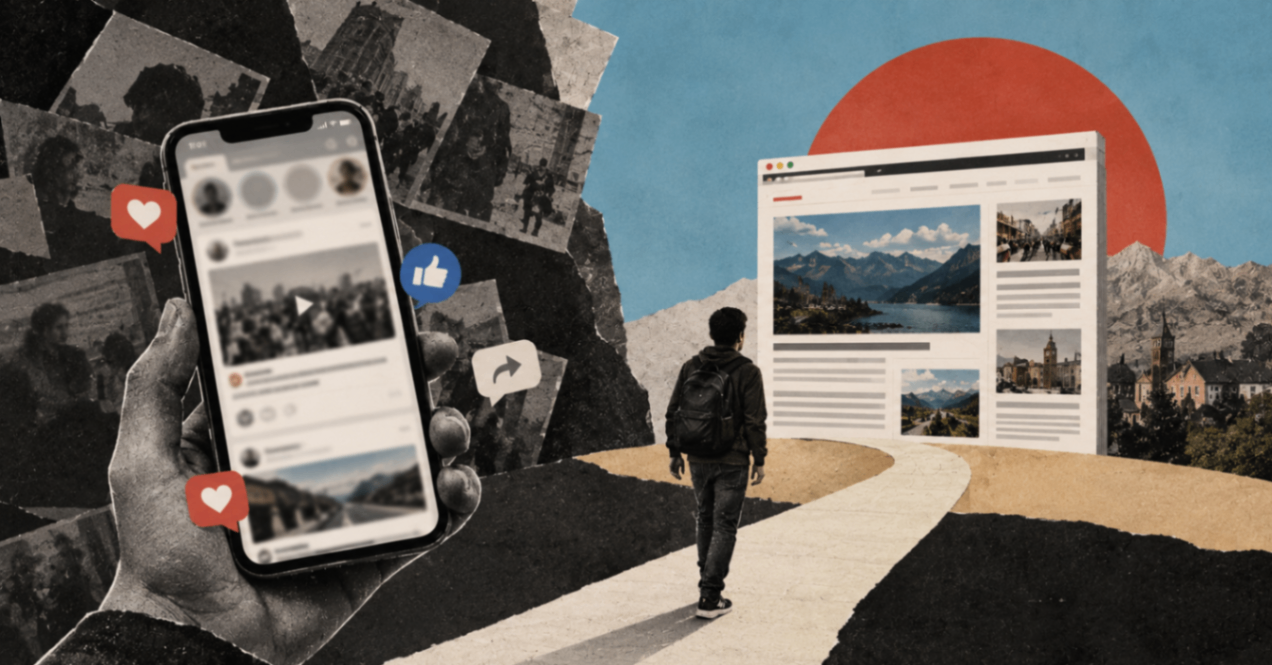 Illustration exploring the changing relationship between social feeds, news websites and the homepage. Generated with AI.