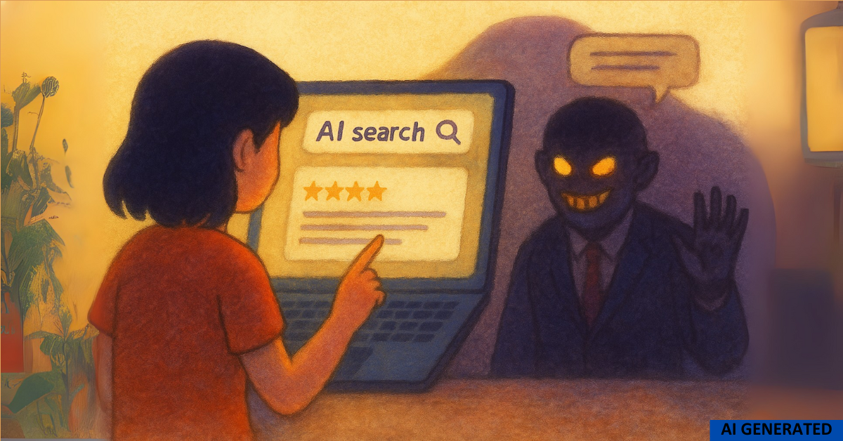 A user seeks answers from an AI chatbot, unaware of the shadowy corporate influence behind the screen.